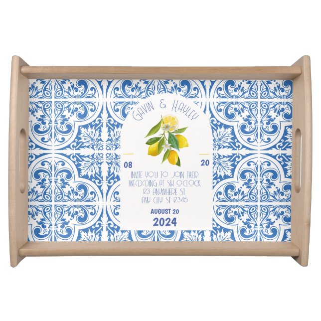 Portugal Wedding Food Tray | Blue Tiles and Lemons (Front)