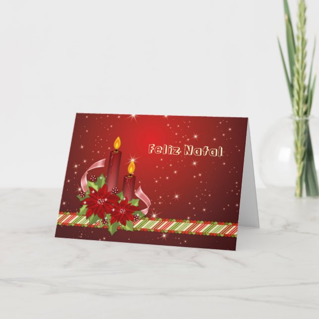 Portugese Christmas - Poinsettia and candles Holiday Card (Front)