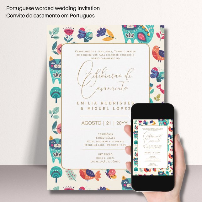 Portugeuse |  Casamento Floral Folkart Rústico Inv Invitation (Creator Uploaded)