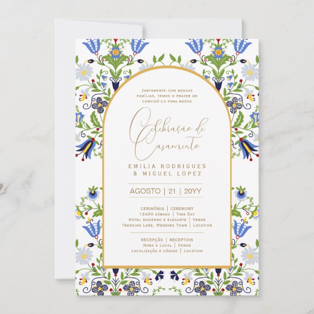 Portugeuse |  Casamento  Flores Azuis Rústicas Invitation (Front)