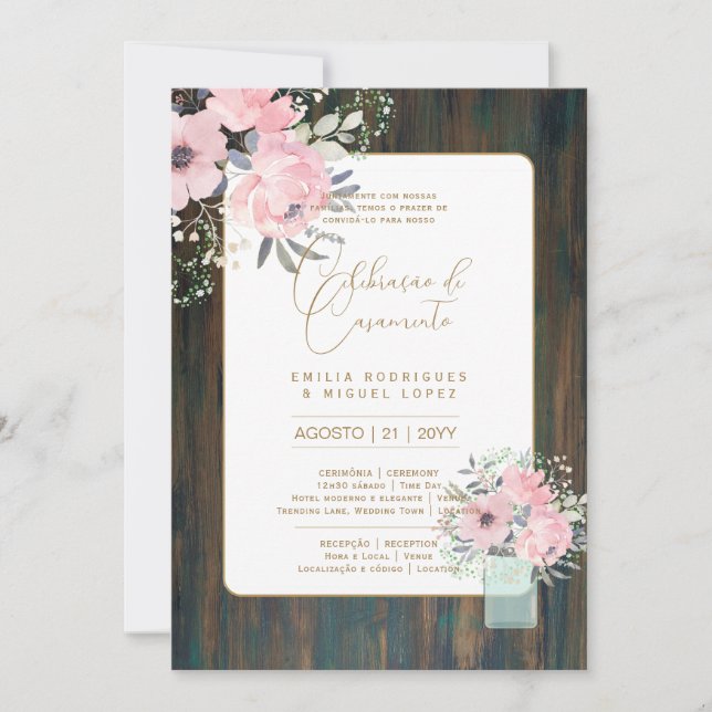 Portugeuse |  Casamento Flores Folclóricas Rústica Invitation (Front)