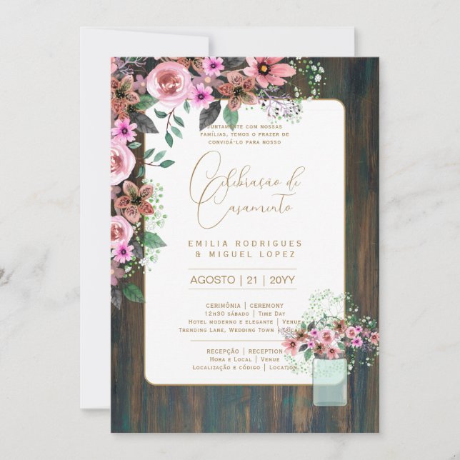 Portugeuse |  Casamento Flores Folclóricas Rústica Invitation (Front)