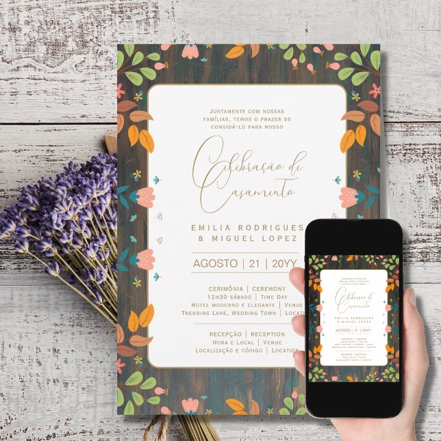 Portugeuse |  Casamento Flores Folclóricas Rústica Invitation (Creator Uploaded)