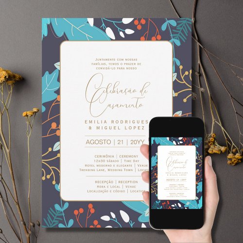 Portugeuse   Casamento Flores Folclricas Rstica Invitation