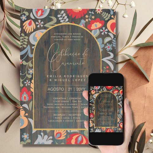 Portugeuse   Casamento Flores Folclricas Rstica Invitation