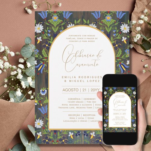 Portugeuse   Casamento Flores Folclricas Rstica Invitation