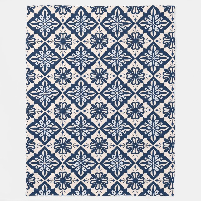 Portuguese Azulejo Blue and White Fleece Blanket (Front)