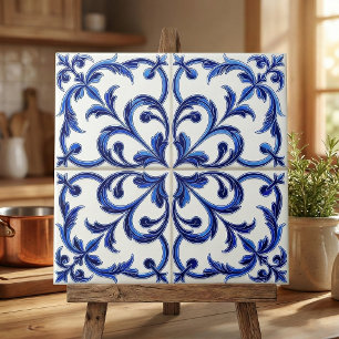 Portuguese Azulejo Blue and White Floral Scroll Ceramic Tile
