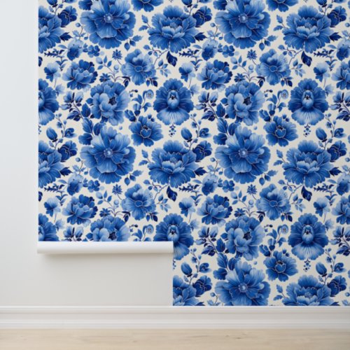 Portuguese Azulejo Blue Floral Delft Tile Pattern  Wallpaper