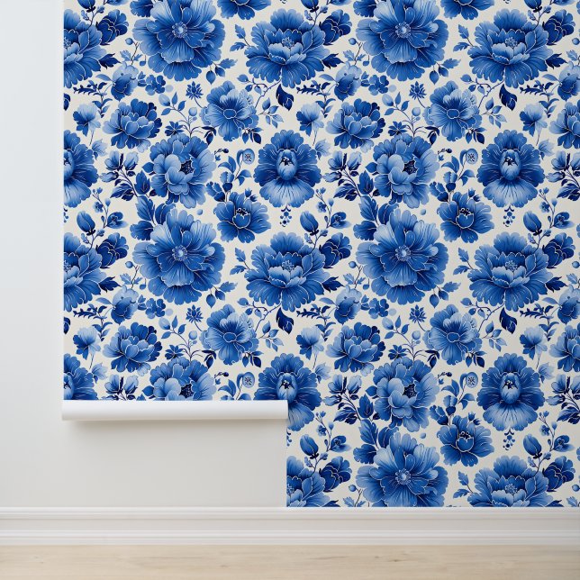 Portuguese Azulejo Blue Floral Delft Tile Pattern  Wallpaper (Application)