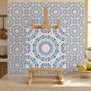 Portuguese Azulejo Blue White Floral Mandala Ceramic Tile