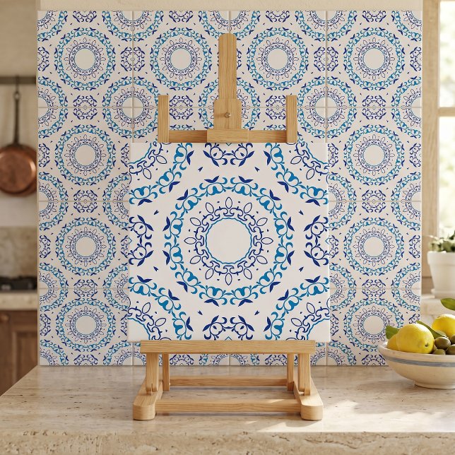 Portuguese Azulejo Blue White Floral Mandala Ceramic Tile (Creator Uploaded)