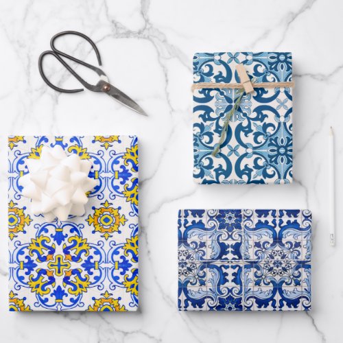 Portuguese Azulejo Ceramic Tiles Seamless Pattern Wrapping Paper Sheets