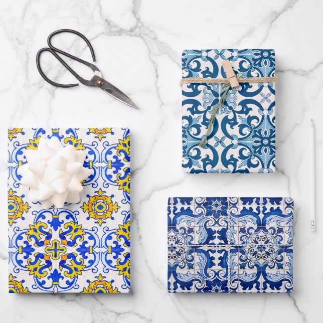 Portuguese Azulejo Ceramic Tiles Seamless Pattern Wrapping Paper Sheets (Front)