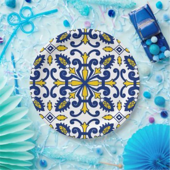 Portuguese Azulejo Decorative Blue Yellow Party Paper Plates by wheresmymojo at Zazzle