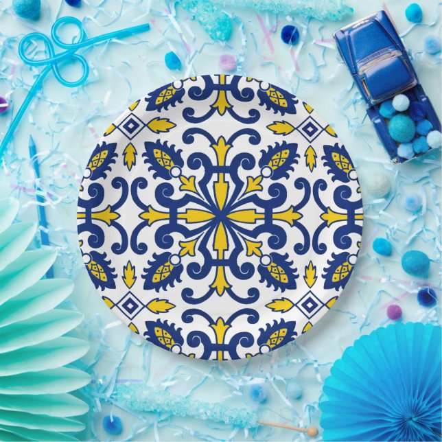 Portuguese Azulejo Decorative Blue Yellow Party Paper Plates (Party)