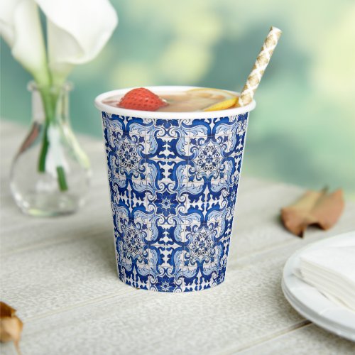 Portuguese Azulejo Decorative Pattern Indigo Blue Paper Cups