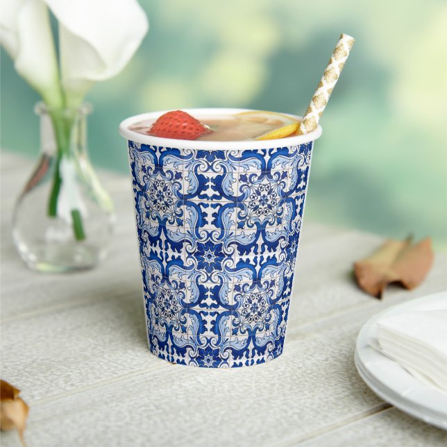 Portuguese Azulejo Decorative Pattern Indigo Blue Paper Cups (Insitu)