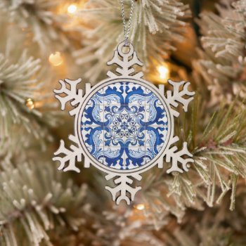 Portuguese Azulejo Glazed Tiles Family Snowflake Pewter Christmas Ornament by wheresmymojo at Zazzle