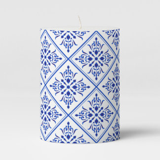 Portuguese azulejo mosaic in white and blue pillar candle