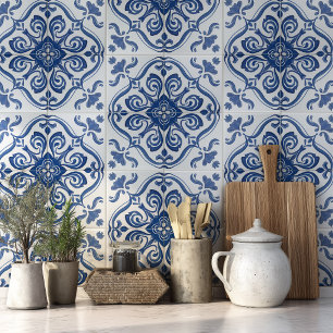 Portuguese Azulejo Pattern Mediterranean Blue Ceramic Tile