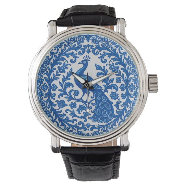 Portuguese Azulejo Peacock Watch – Blue & White Ti (Front)
