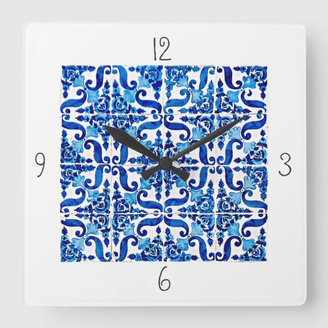 Portuguese Azulejo Square Wall Clock (Front)