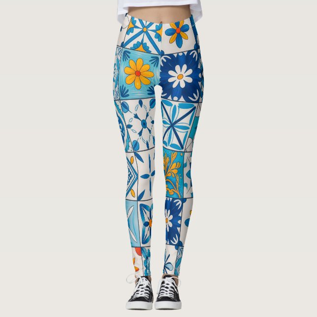 Portuguese Azulejo Tile Leggings – Blue & Yellow M (Front)