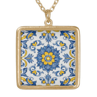 Portuguese Azulejo Tile Necklace – Blue & Yellow C