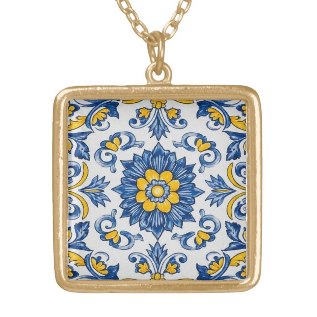Portuguese Azulejo Tile Necklace – Blue & Yellow C (Front)