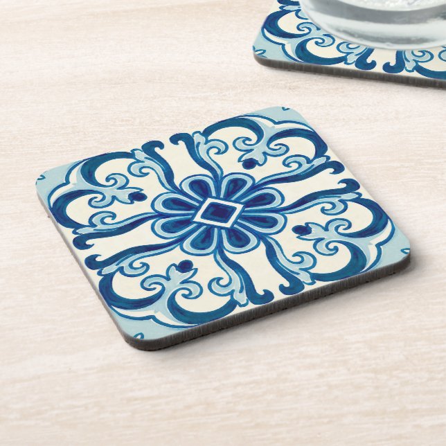 Portuguese Azulejos Blue Floral Pattern Beverage Coaster (Left Side)