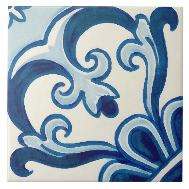 Portuguese Azulejos Blue Floral Pattern  Ceramic Tile (Front)