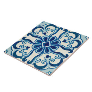 Portuguese Azulejos Blue Floral Pattern Ceramic Tile