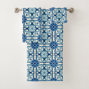 Portuguese Azulejos Blue Floral Tile Pattern Bath Towel Set