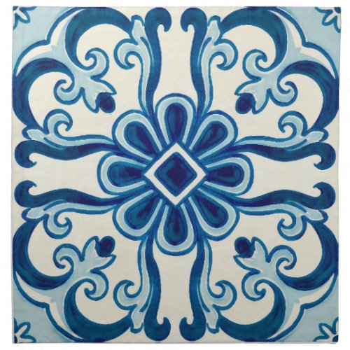 Portuguese Azulejos Blue Floral Tile Pattern Cloth Napkin