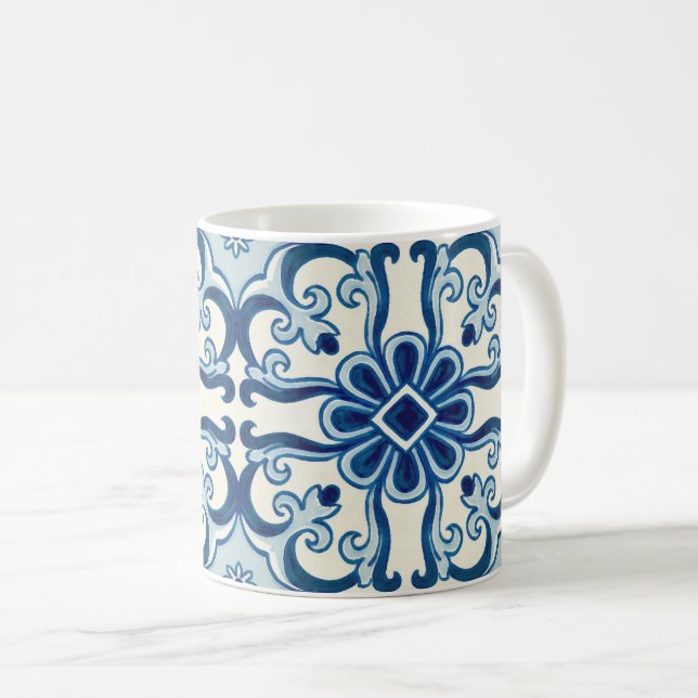 Portuguese Azulejos Blue Floral Tile Pattern Coffee Mug (Front Right)