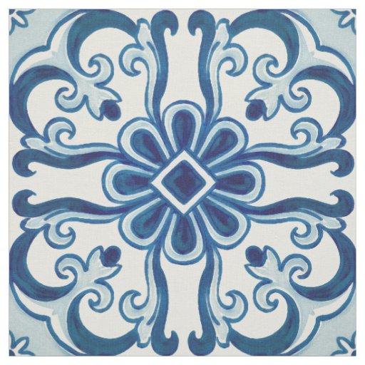Portuguese Azulejos Blue Floral Tile Pattern Fabric