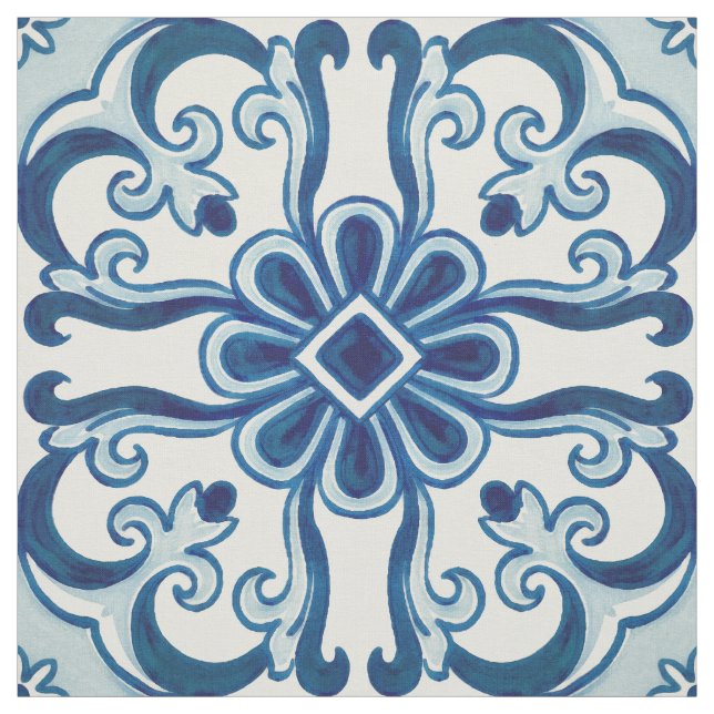 Portuguese Azulejos Blue Floral Tile Pattern Fabric (Swatch)