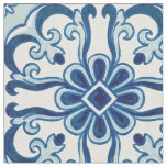 Portuguese Azulejos Blue Floral Tile Pattern Fabric