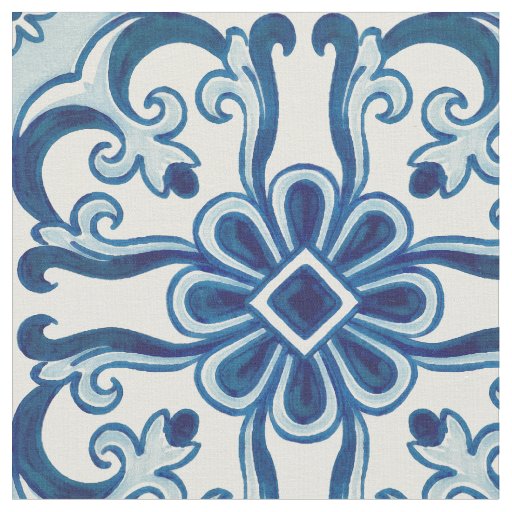 Portuguese Azulejos Blue Floral Tile Pattern Fabric