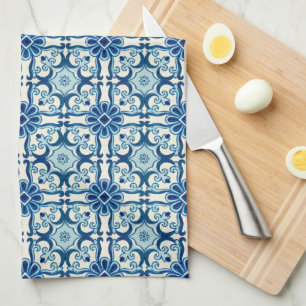 Portuguese Azulejos Blue Floral Tile Pattern Kitchen Towel