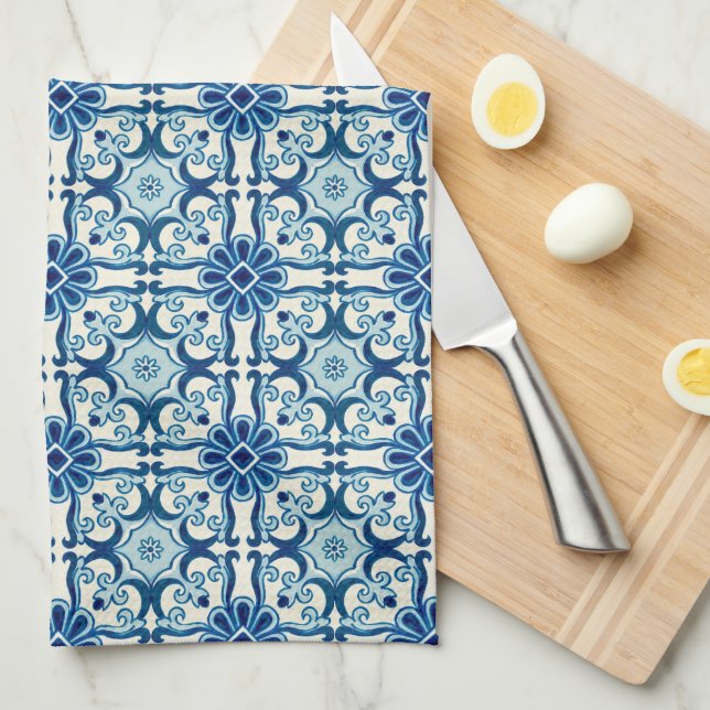 Portuguese Azulejos Blue Floral Tile Pattern Kitchen Towel (Quarter Fold)