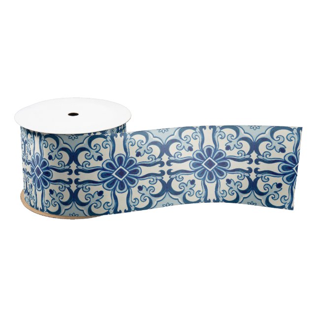Portuguese Azulejos Blue Floral Tile Pattern Satin Ribbon (Spool)