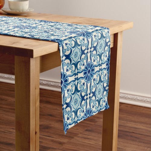 Portuguese Azulejos Blue Floral Tile Pattern Short Table Runner