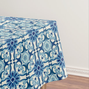 Portuguese Azulejos Blue Floral Tile Pattern Tablecloth