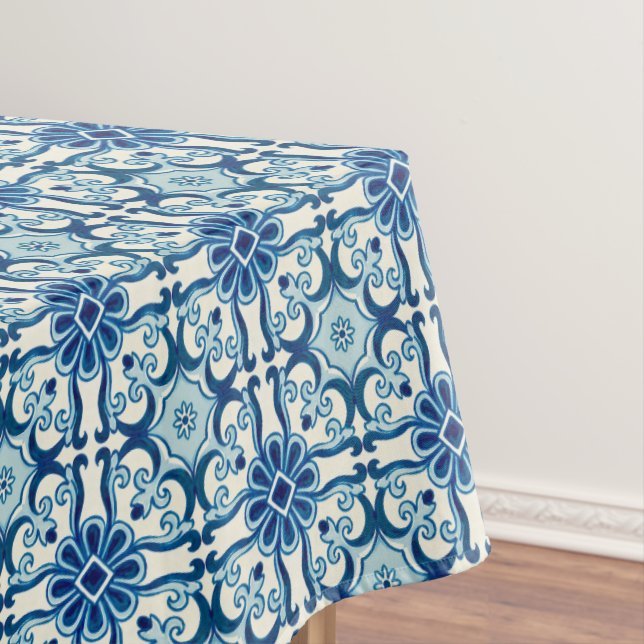 Portuguese Azulejos Blue Floral Tile Pattern  Tablecloth (In Situ)