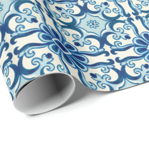 Portuguese Azulejos Blue Floral Tile Pattern Wrapping Paper