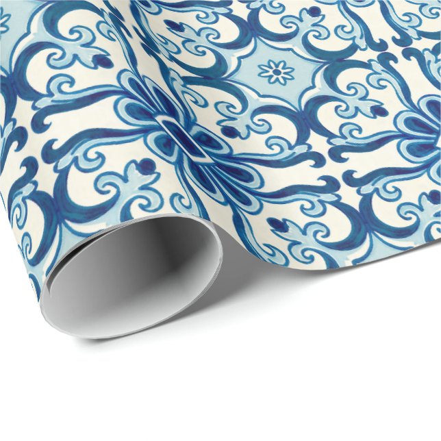Portuguese Azulejos Blue Floral Tile Pattern  Wrapping Paper (Roll Corner)