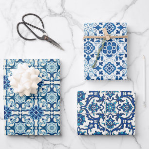 Portuguese Azulejos Blue Floral Tile Pattern Wrapping Paper Sheets
