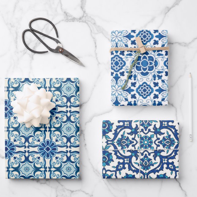 Portuguese Azulejos Blue Floral Tile Pattern Wrapping Paper Sheets (Front)